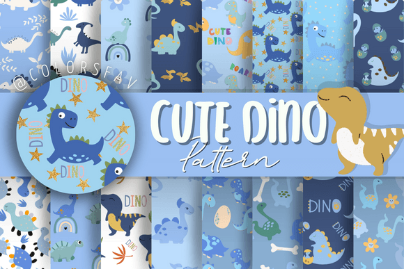 Blue Cute Dino Digital Paper Patterns