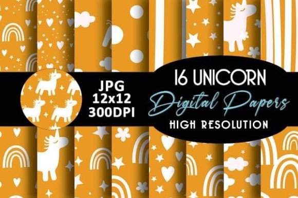 Orange Unicorn Digital Paper Patterns