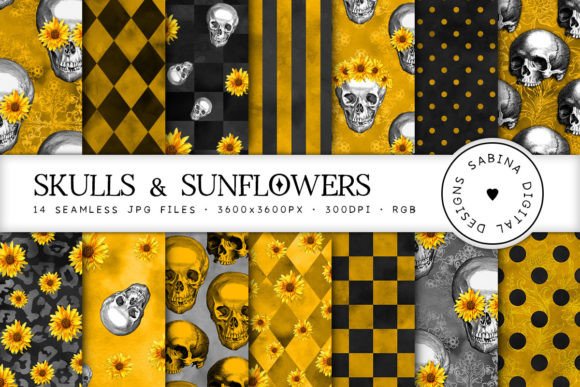 Skulls Sunflowers Seamless Patterns